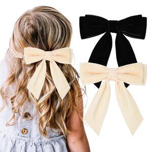 2PCS Velvet Bows Hair Clip Ribbon Black Beige Accessories Ponytail Holder Hair B